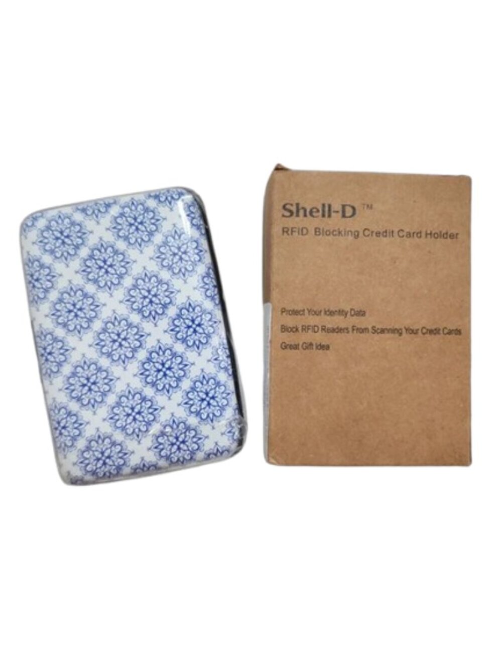 Shell-D RFID Blocking Credit Card Holder NWT White Blue Damask Hard Case Wallet
